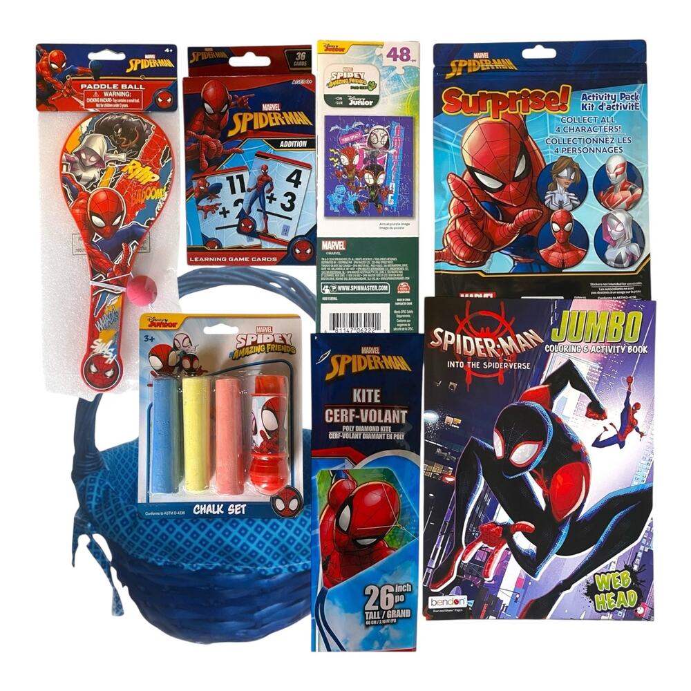 Spider-Man Easter Basket Set | Kite, Chalk, Books, Paddle Ball, Cards for Kids